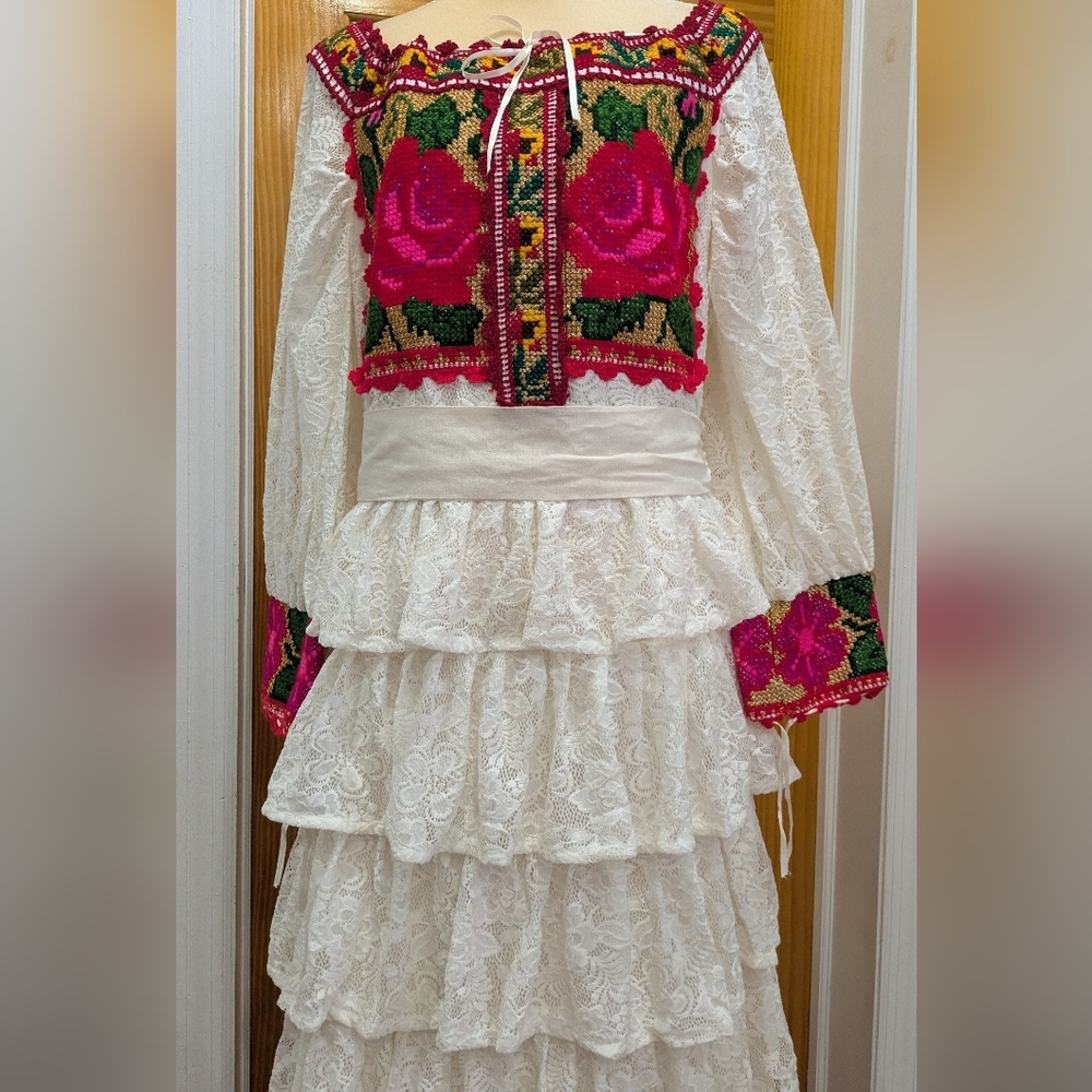 Elegant White Lace Dress with Pink Accents